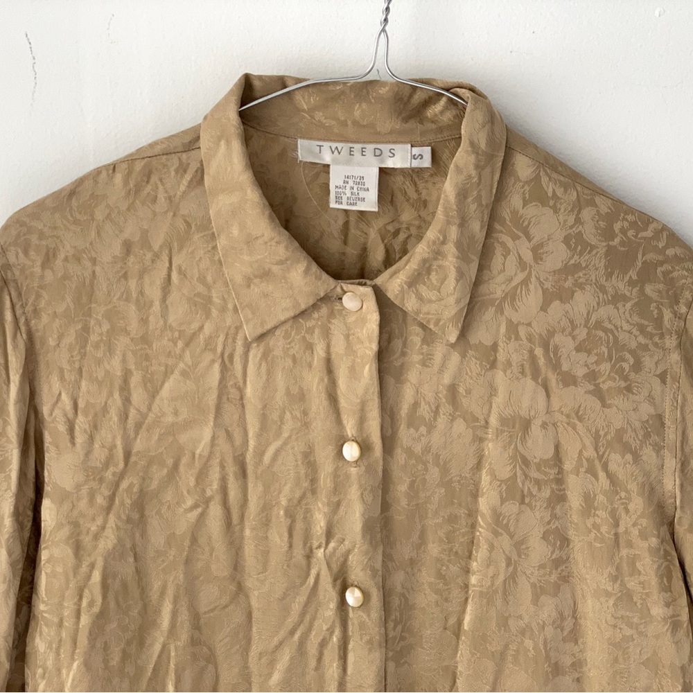 Vintage 90s bronze 100% silk shirt, patterned with rose floral design